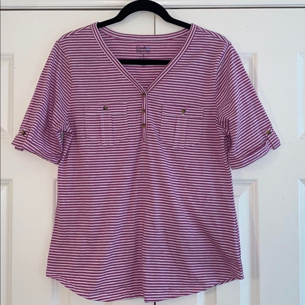 Croft & Barrow Striped T-Shirt Top Pink/White Short Sleeve Casual Comfy